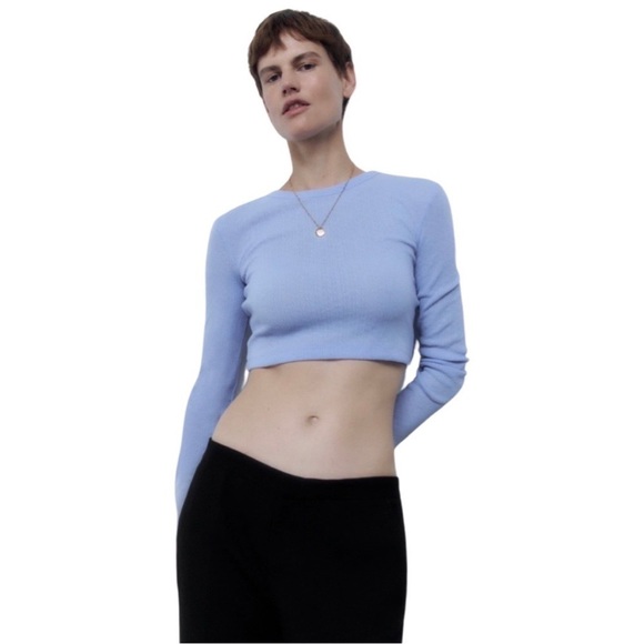 NWT ZARA TEXTURED CROP TOP BLUE Long Sleeves Round Neck Size L - Picture 1 of 6